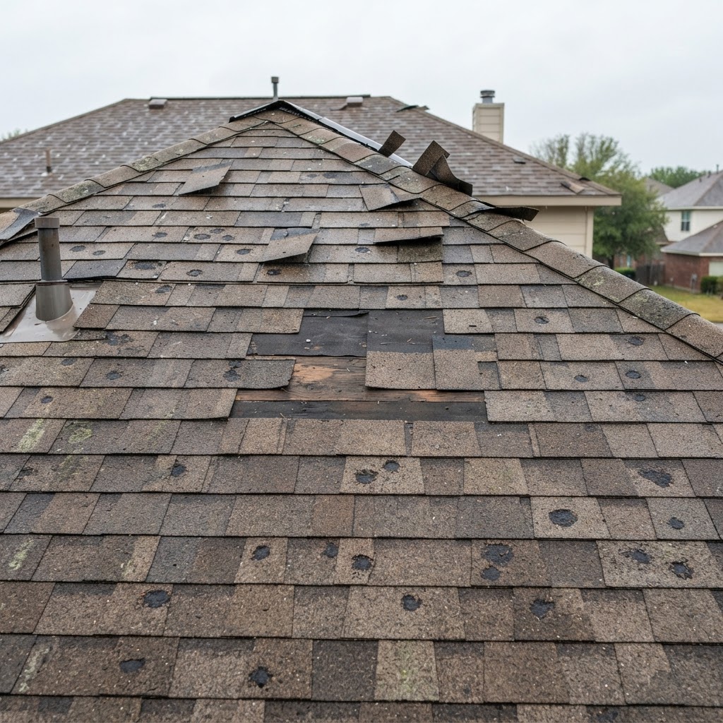 Storm-damaged asphalt shingle roof with lifted and bruised shingles in Northeast Ohio