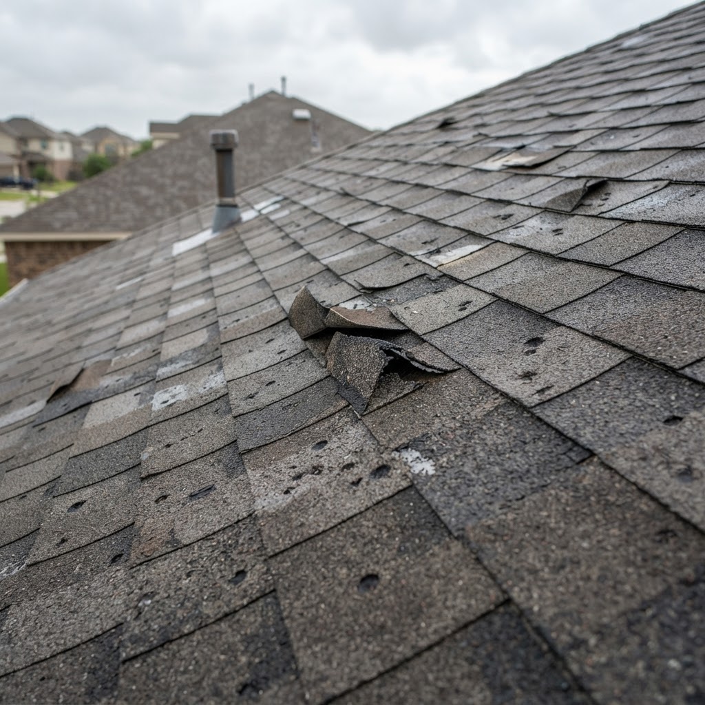 Storm-damaged residential roof requiring repair in Northeast Ohio