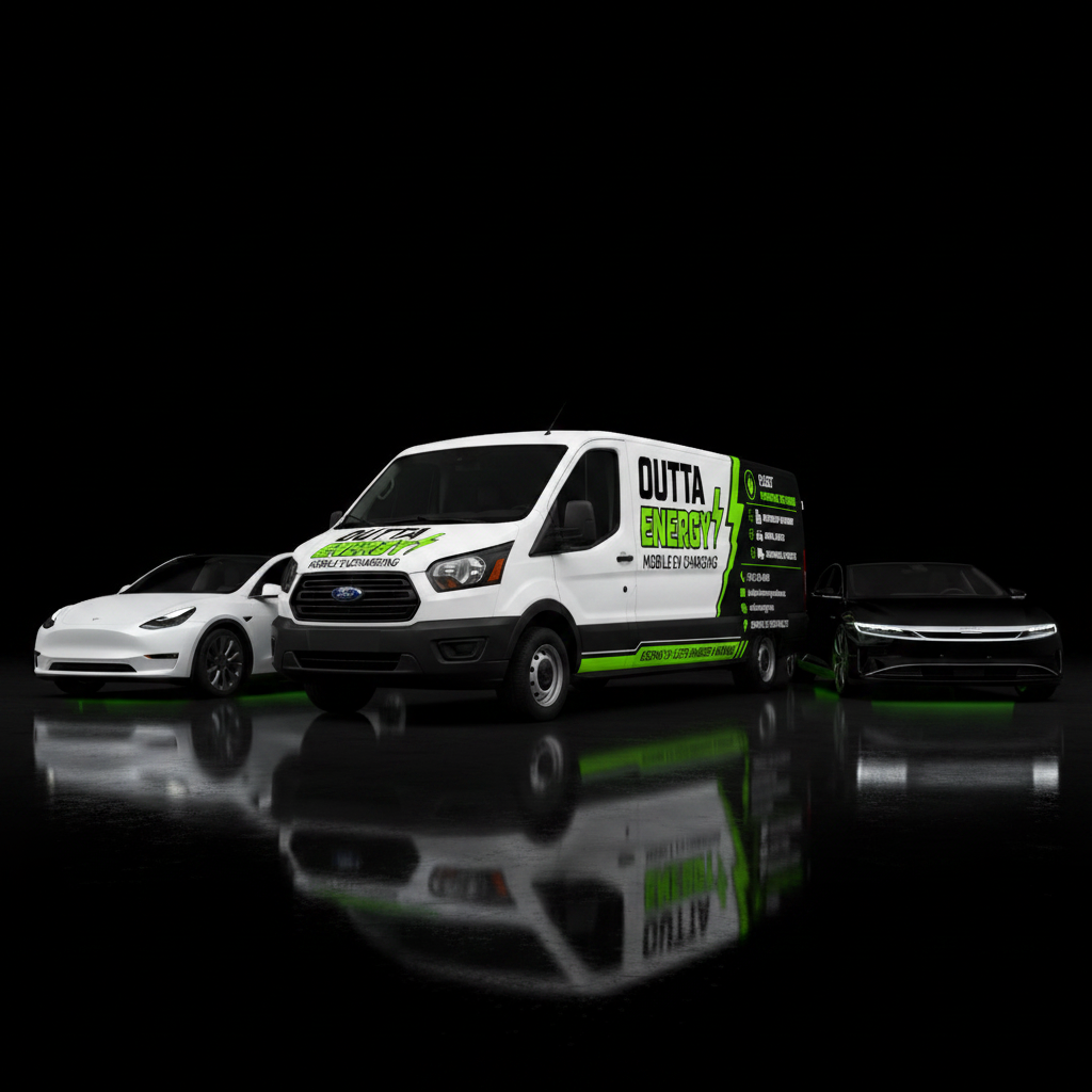 Outta Energy mobile EV charging van on a dealership lot charging electric vehicles