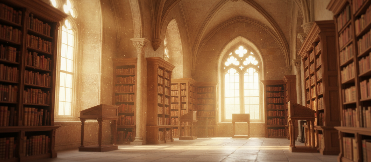 Ancient library with golden light