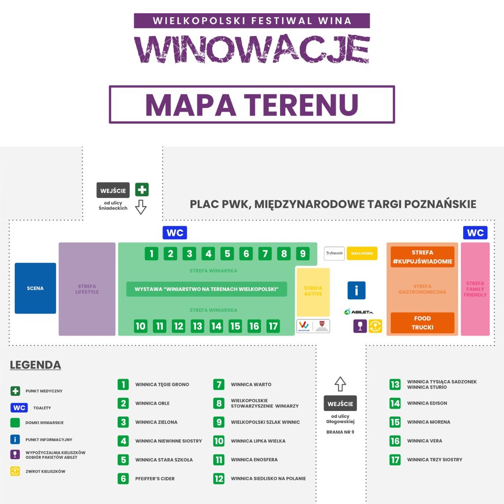 Mapa terenu Wielkopolskiego Festiwalu Wina Winowacje 2026 — Plac PWK, Międzynarodowe Targi Poznańskie