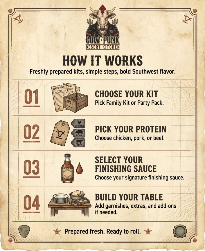 How It Works — Choose your kit, pick your protein, select your sauce, build your table