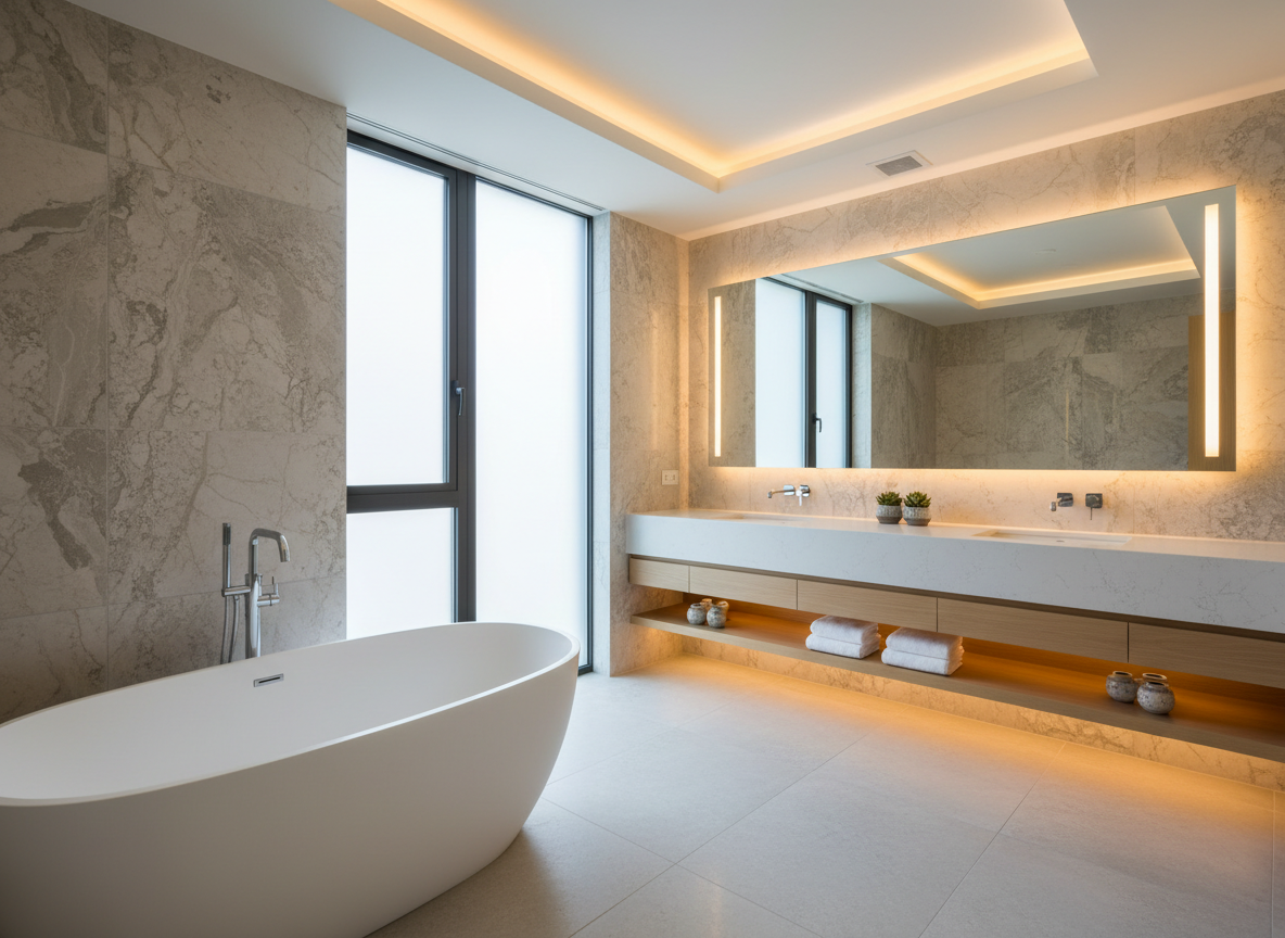 Bathroom with white quartz vanity