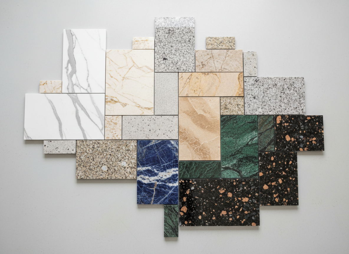 Variety of granite and quartz slab samples