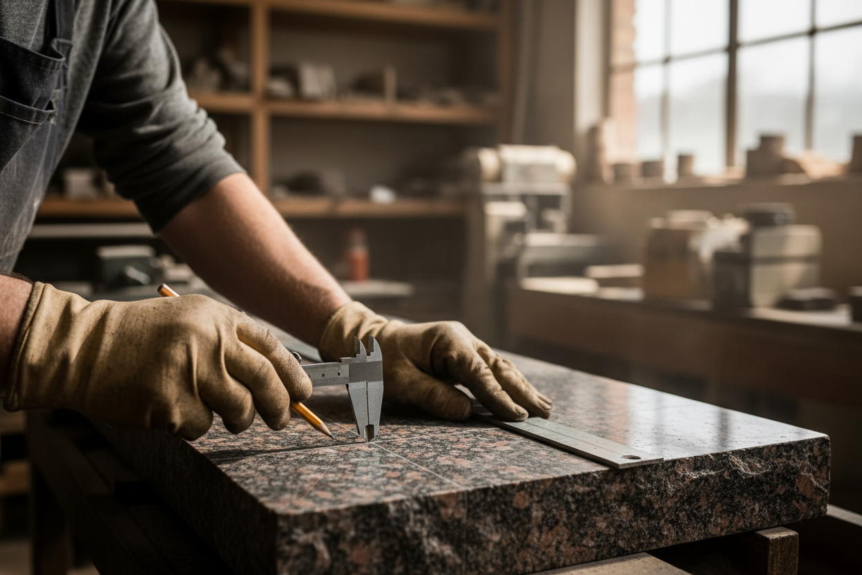 Artisan measuring and cutting granite slab