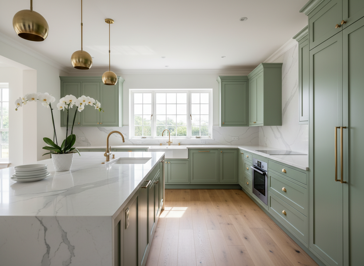 Contemporary kitchen with white quartz countertops