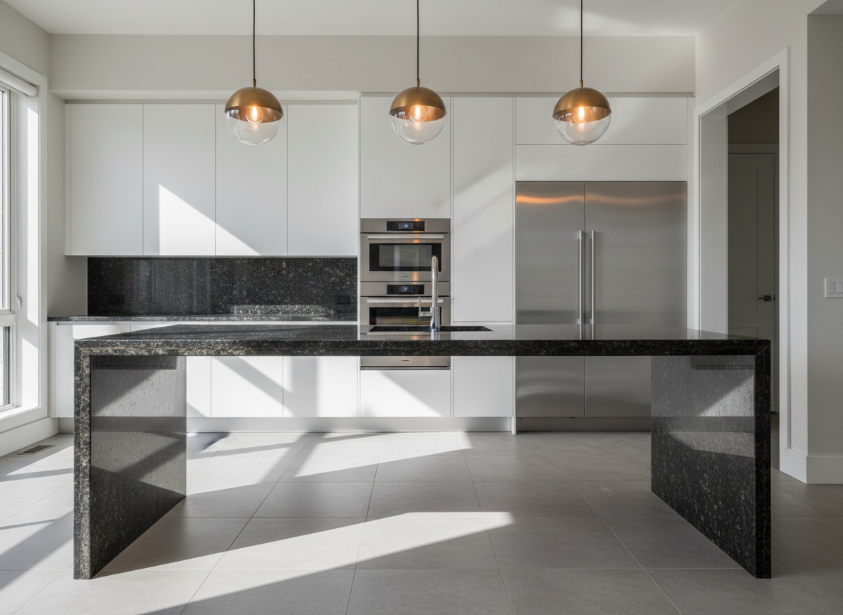 Kitchen island with dark granite waterfall edge