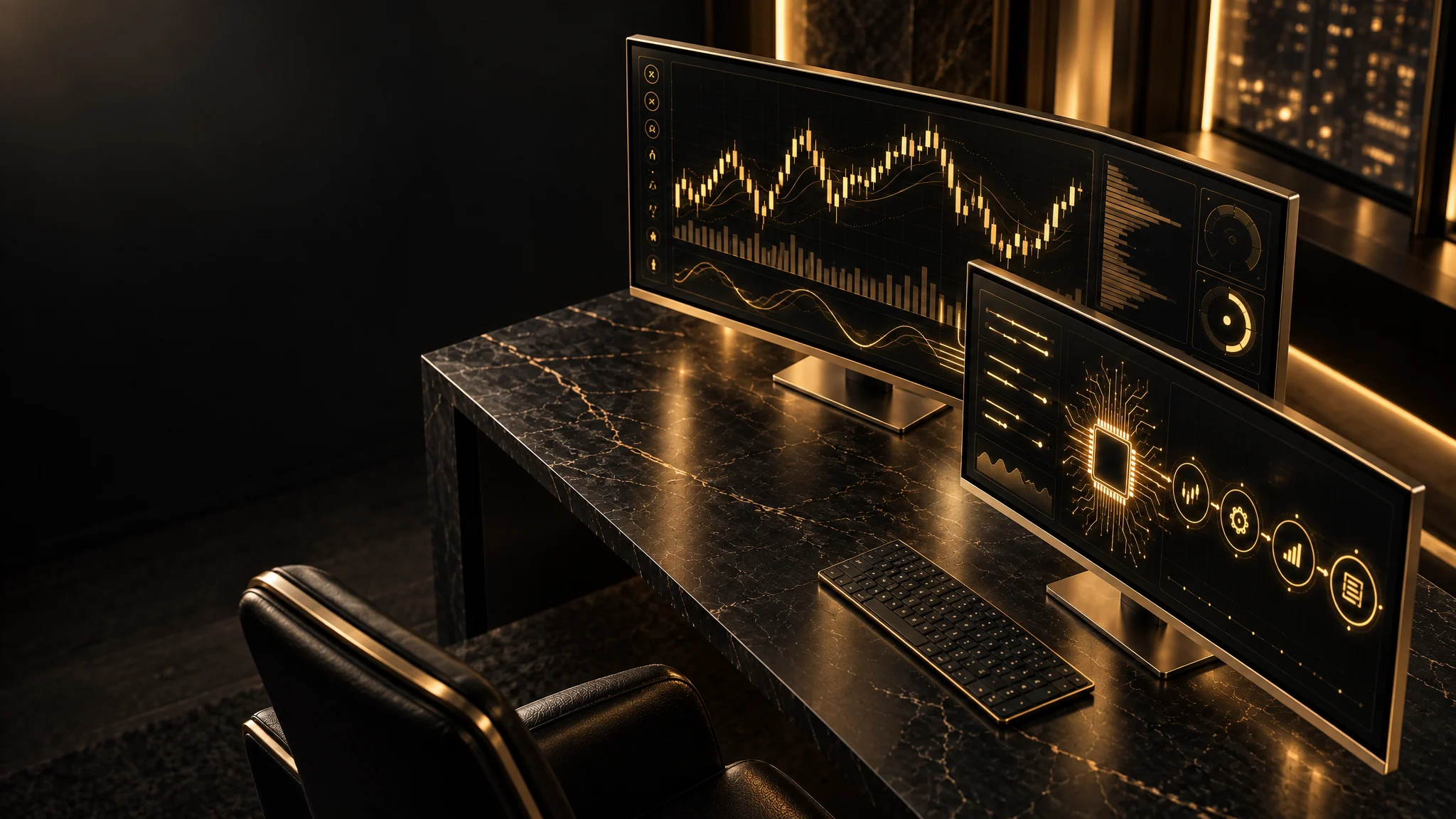 Conceptual black-and-gold illustration of AI processing and trading displays in a private office