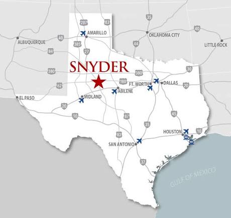 Regional map of the Snyder, Texas area