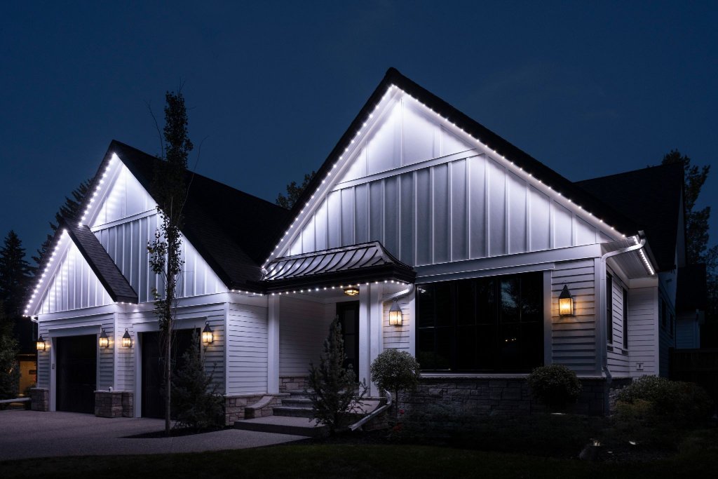 Gemstone Lights permanent trim lighting system installed on luxury home in Bend Oregon