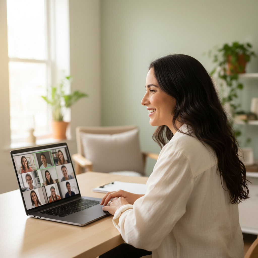 Emily smiling in front of a laptop, leading the group