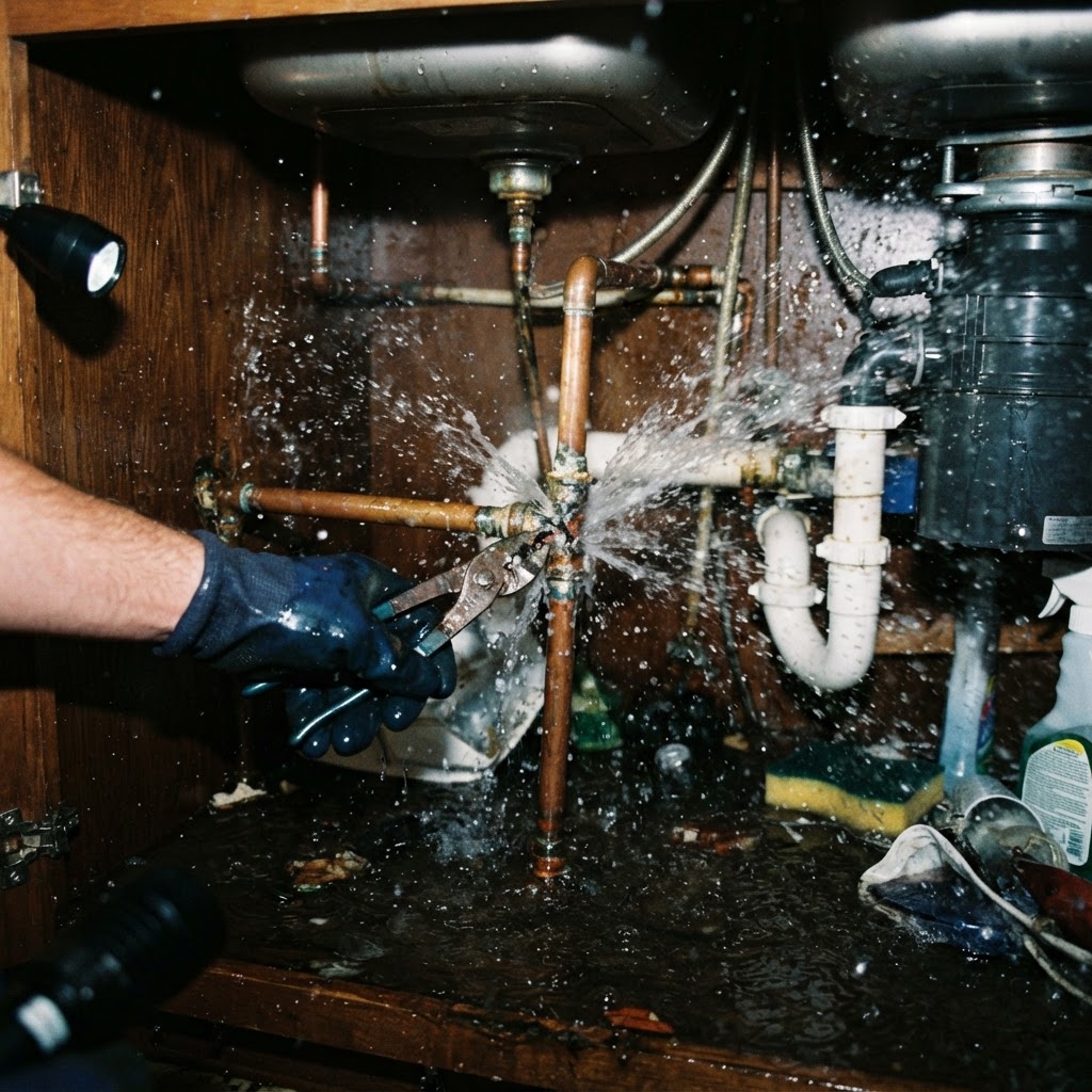 Burst pipe spraying water beneath a sink in a home
