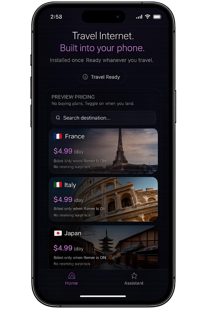 Romer app screen showing destination search and daily pricing