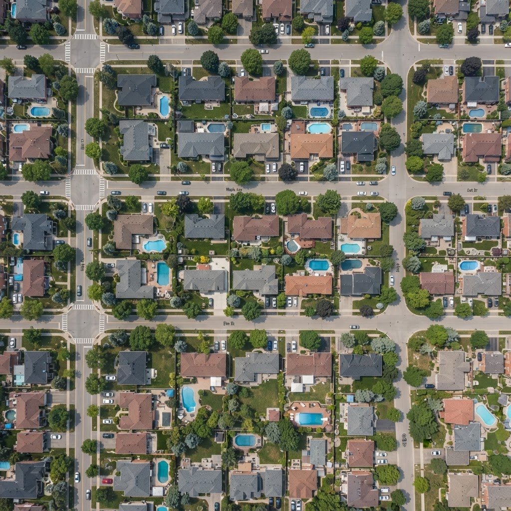 Live aerial view of a residential neighborhood