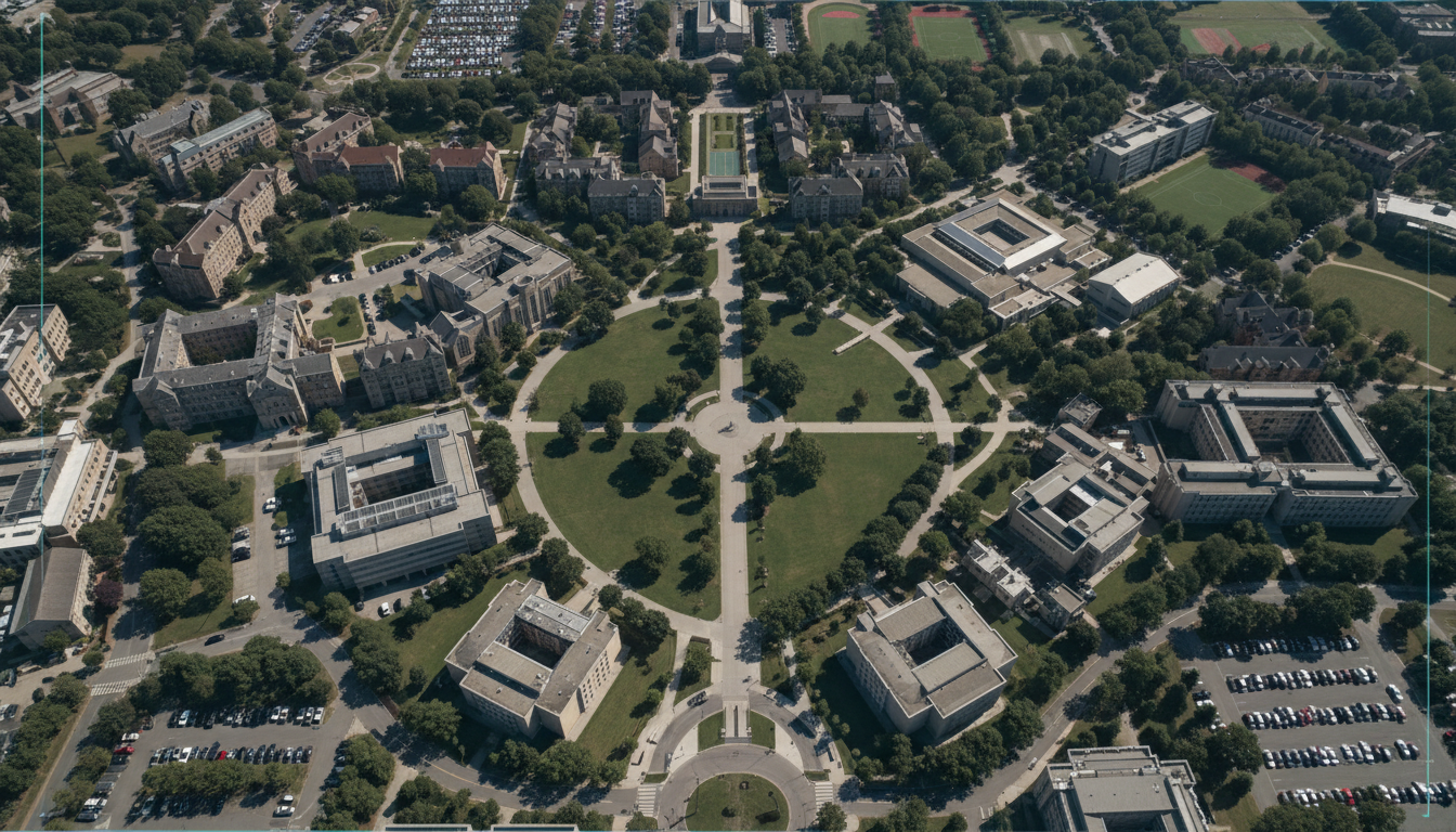 Aerial drone view of a sprawling campus showing AI detection capabilities