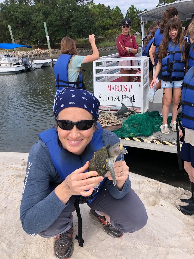 Emily Lemmon holding a diamondback terrapin at the FSU Marine Lab, St. Teresa, Florida