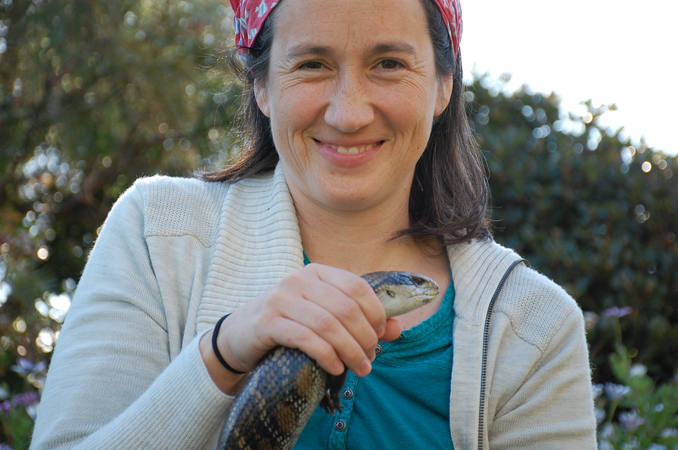 Emily Lemmon with a Blue-tongued skink in Australia.