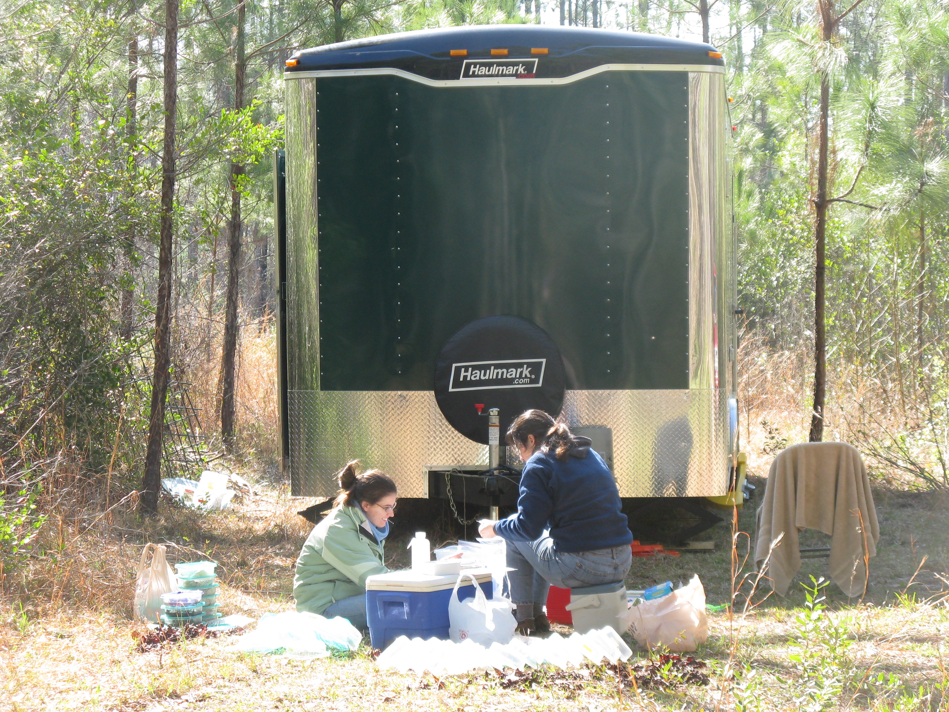 Preparing equipment beside the preference testing trailer