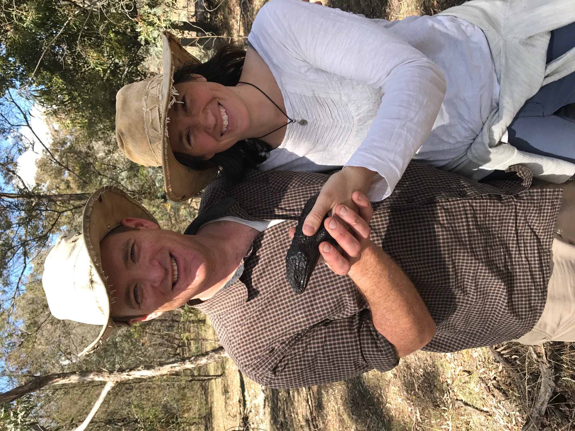 Matt Brandley and Emily Lemmon in Australia with a Shingleback lizard.