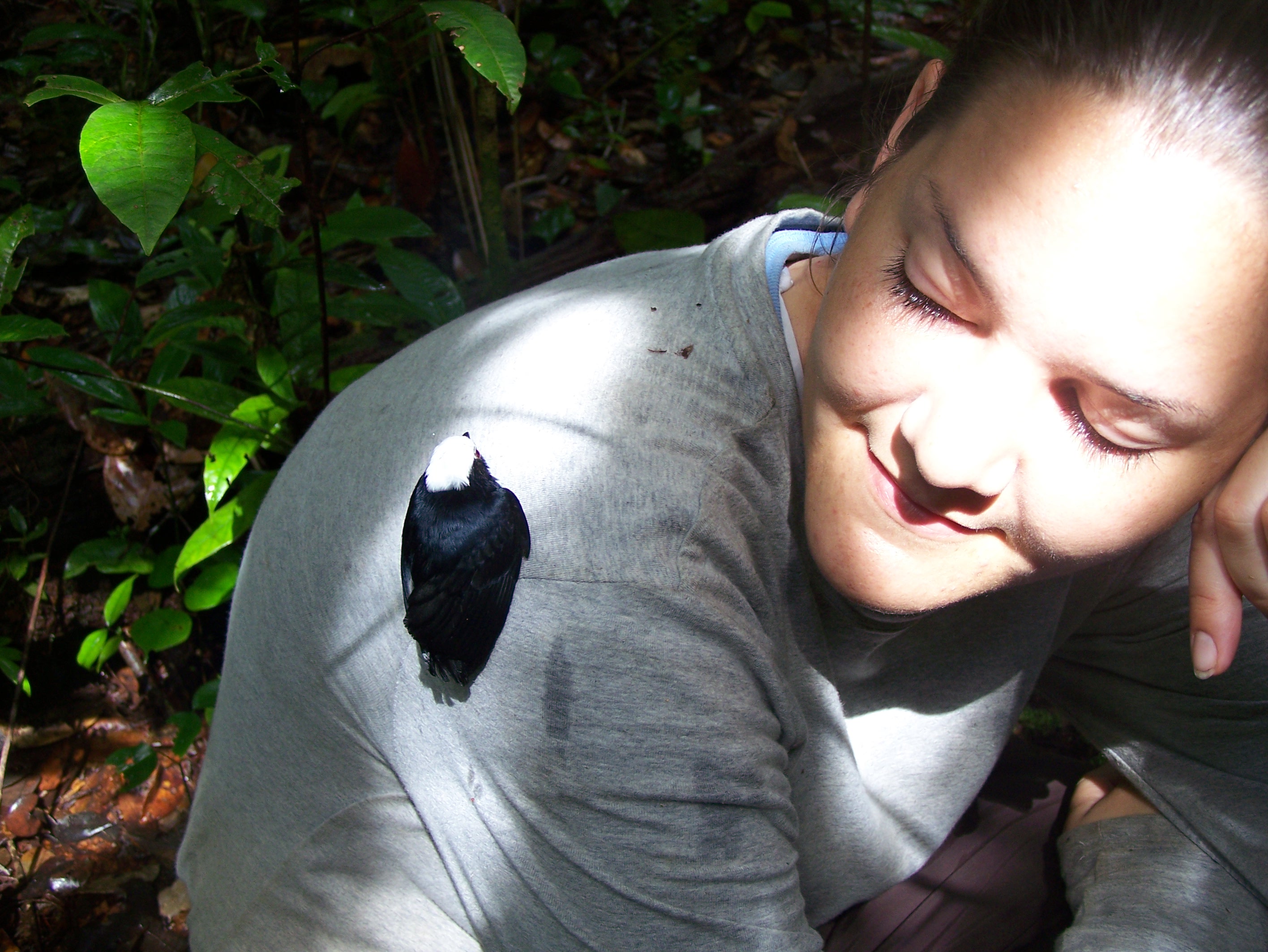 Lisa Barrow with a bird perched on her shoulder in the field