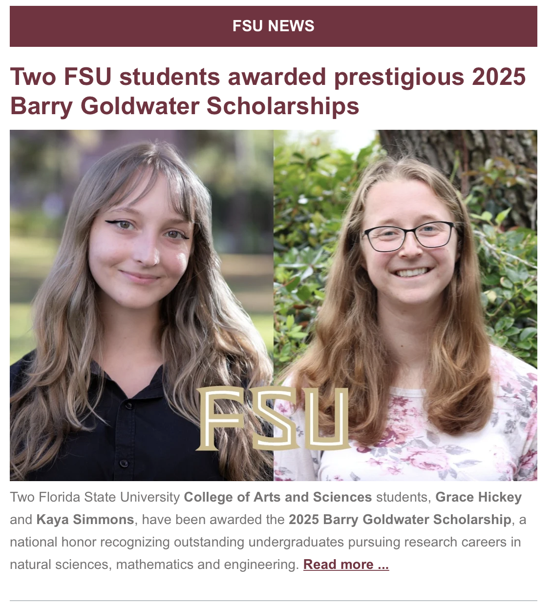 Kaya Simmons and Grace Hickey — 2025 Barry Goldwater Scholars (FSU News)