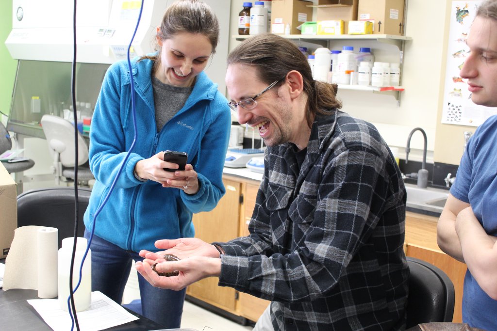 Michelle and Felipe examining a salamander in the lab