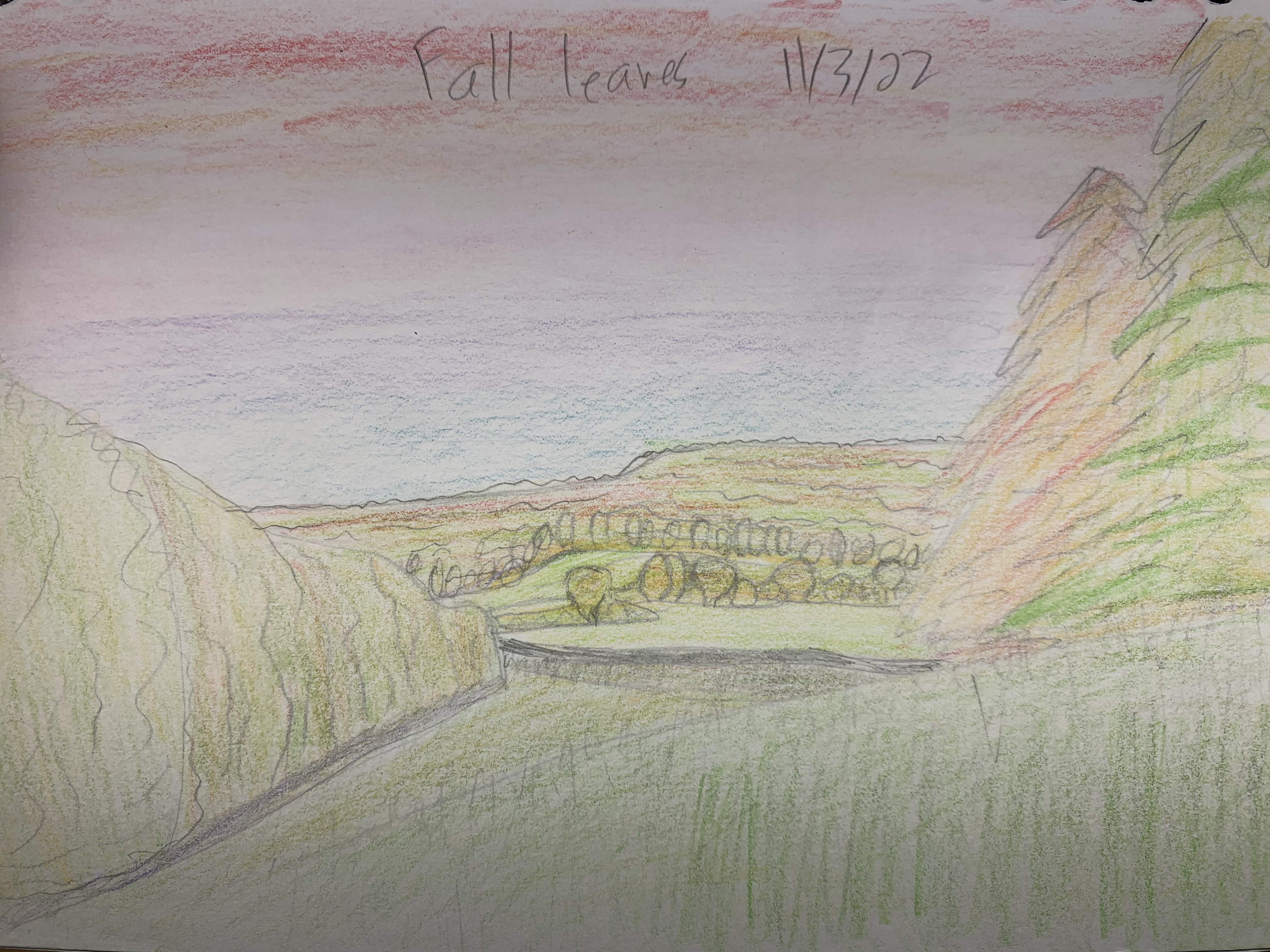 Nature notebook — fall leaves landscape with rolling hills and trees