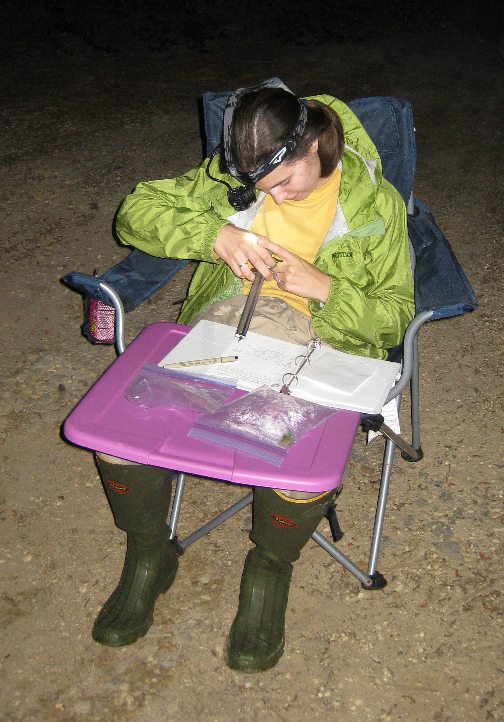 Alexa Warwick taking measurements during nighttime fieldwork