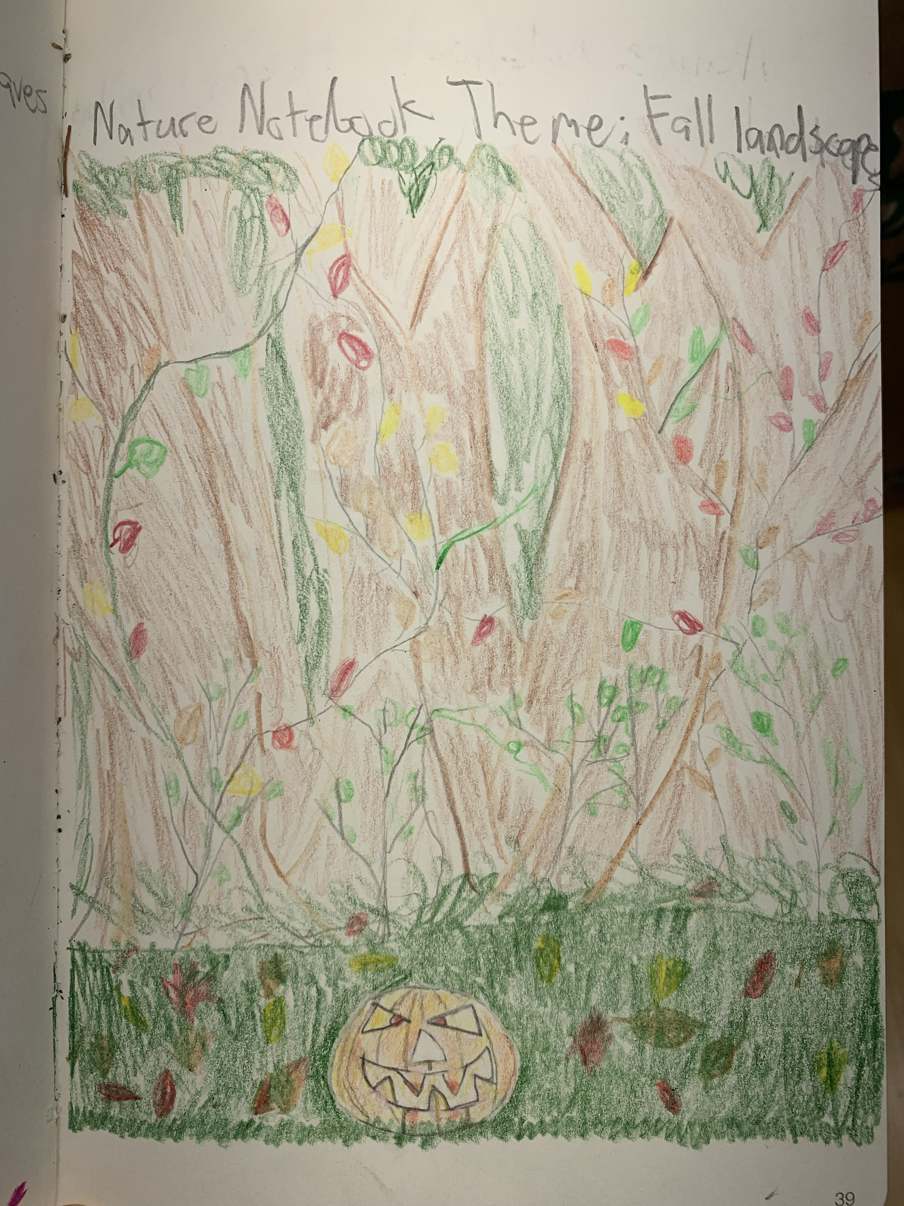 Nature notebook — fall landscape with trees, fallen leaves, and a jack-o'-lantern