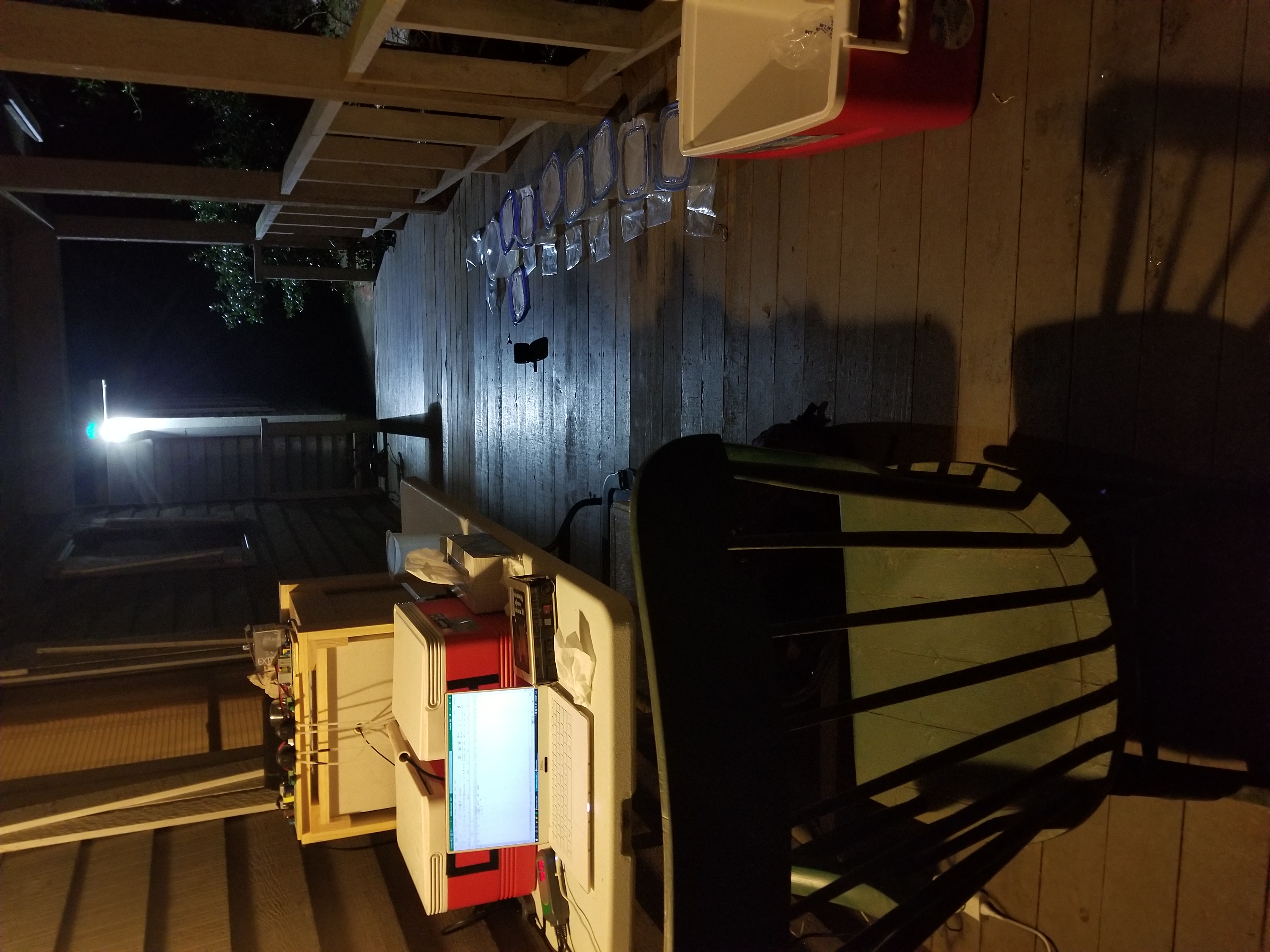 Frog box field setup on deck at night — Auburn, AL