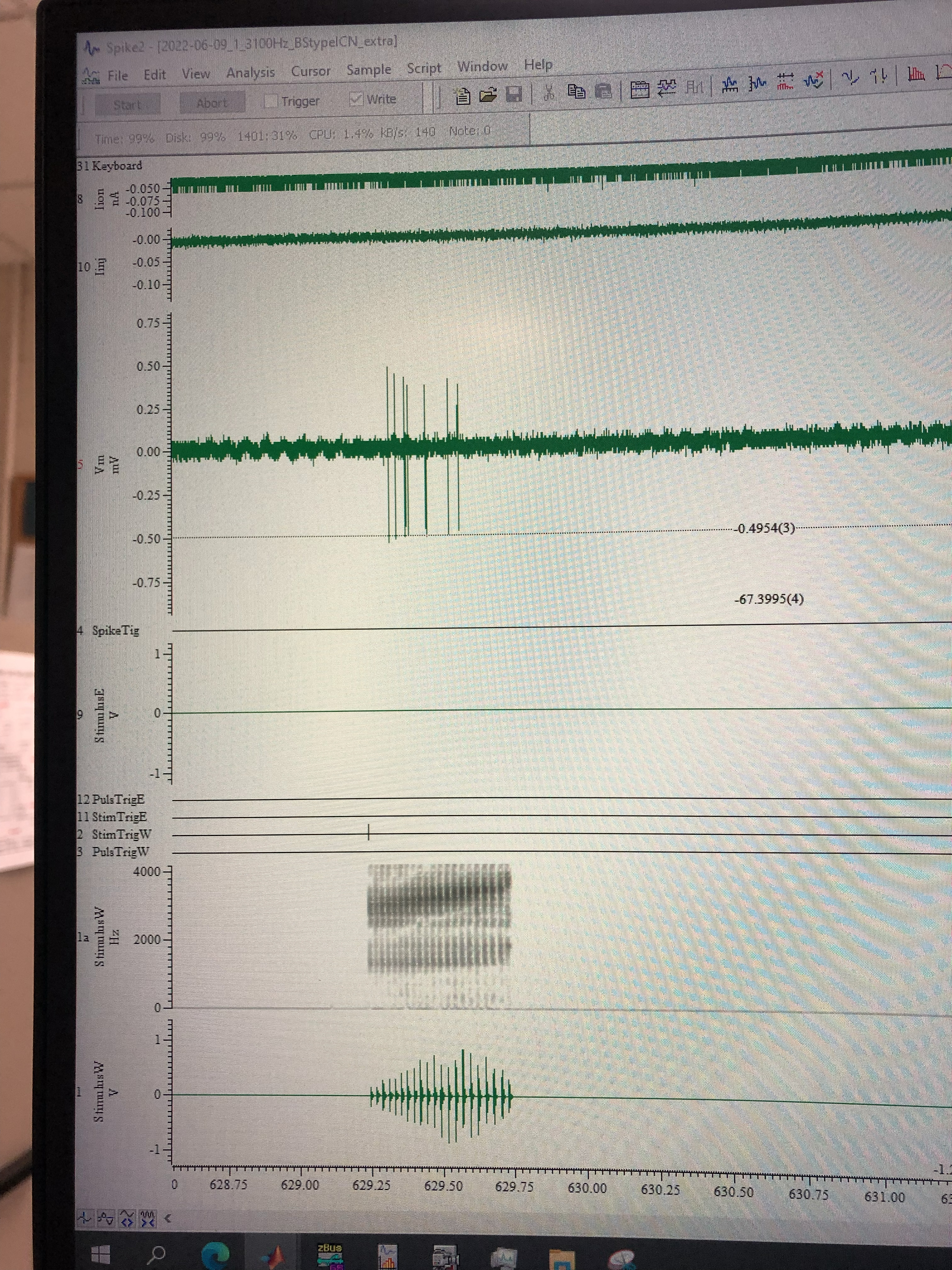 Electrophysiology recording — Spike2 waveform analysis with stimulus spectrogram.