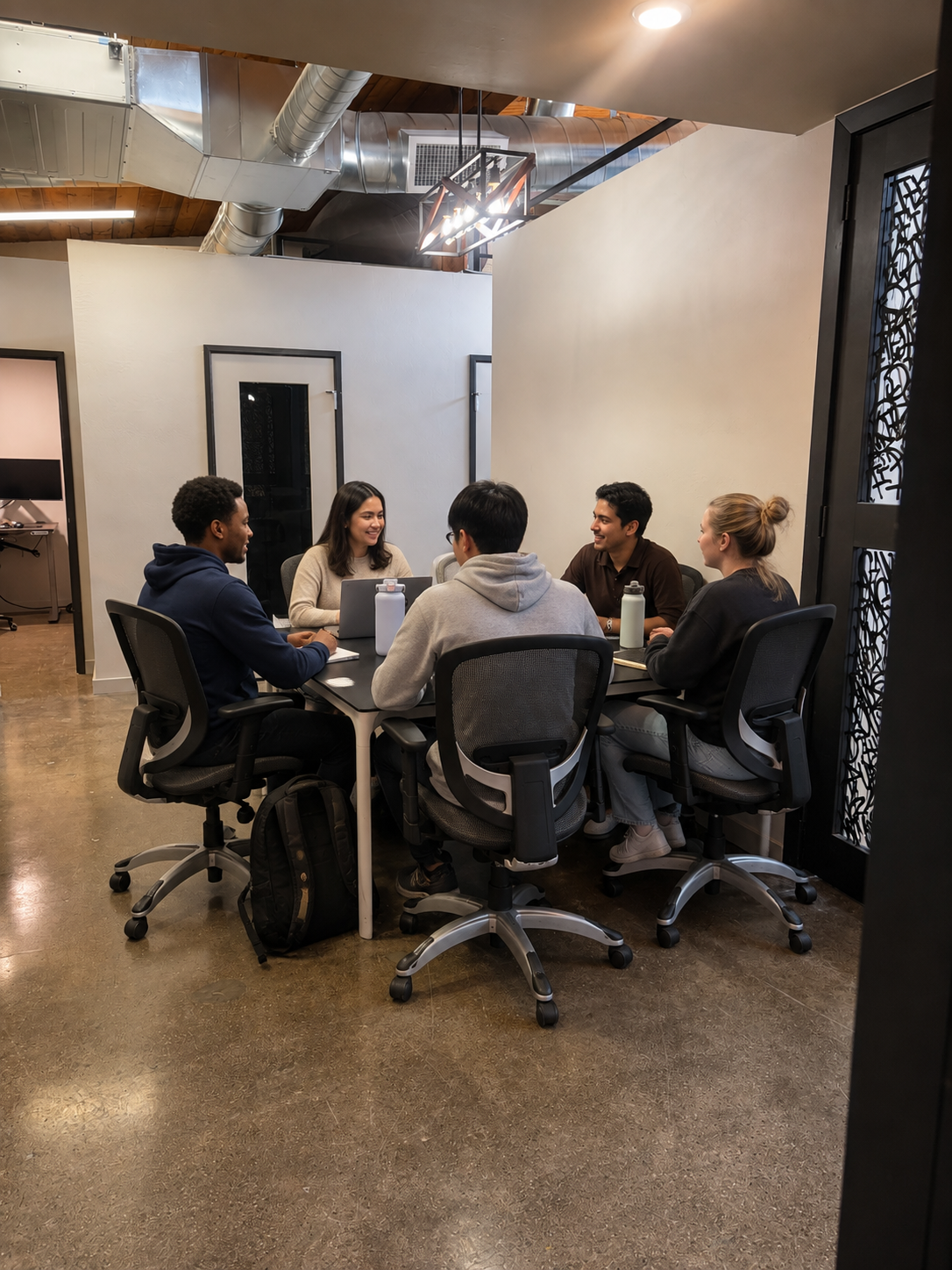 Group meeting room at The Visionary — five chairs around a black table under a modern chandelier