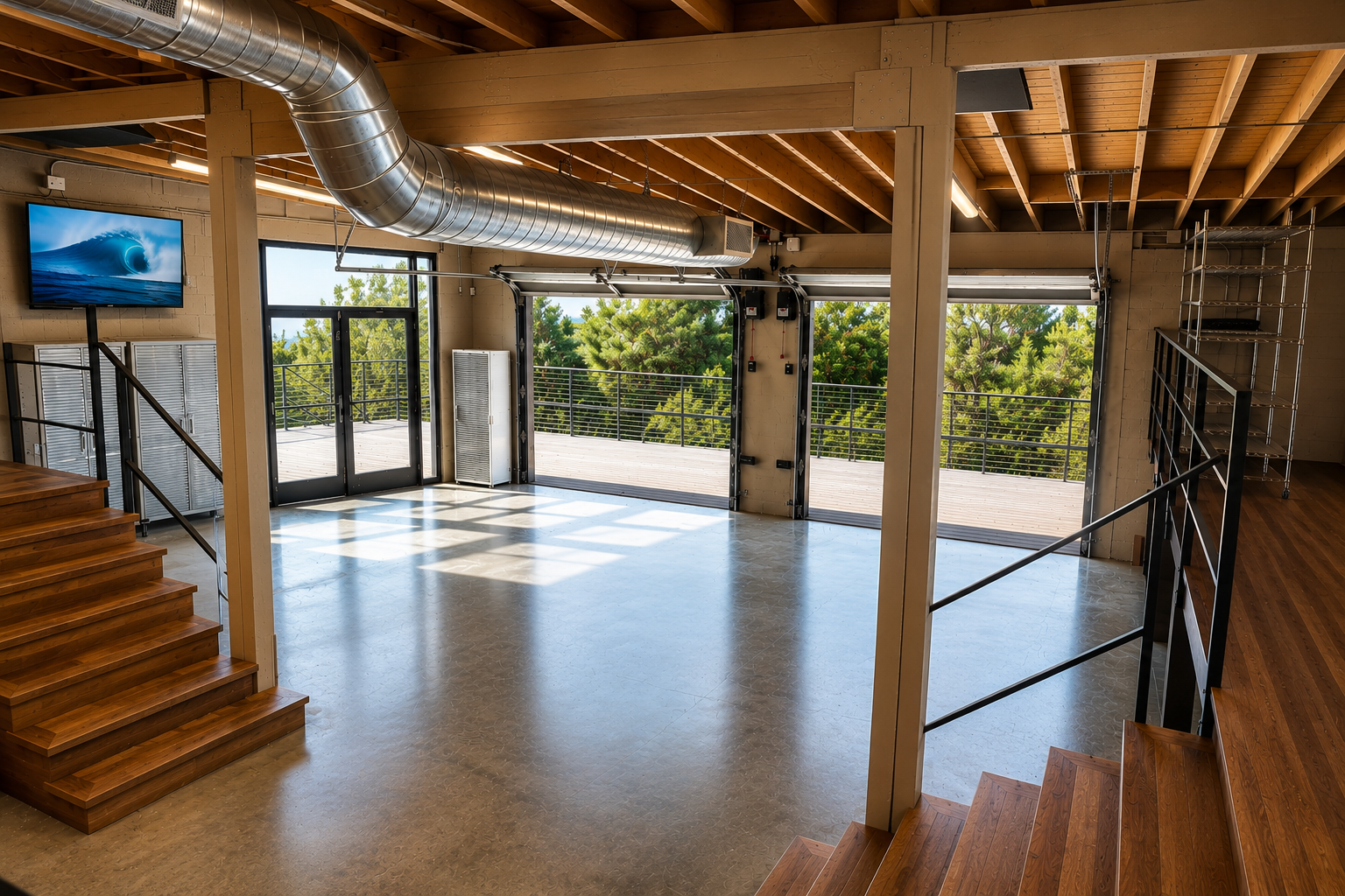 The back venue at The Visionary — open floor plan with raised stage and indoor-outdoor deck access