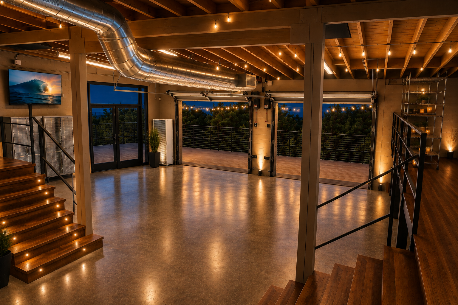 The back venue at The Visionary — open floor plan with raised stage and indoor-outdoor deck access