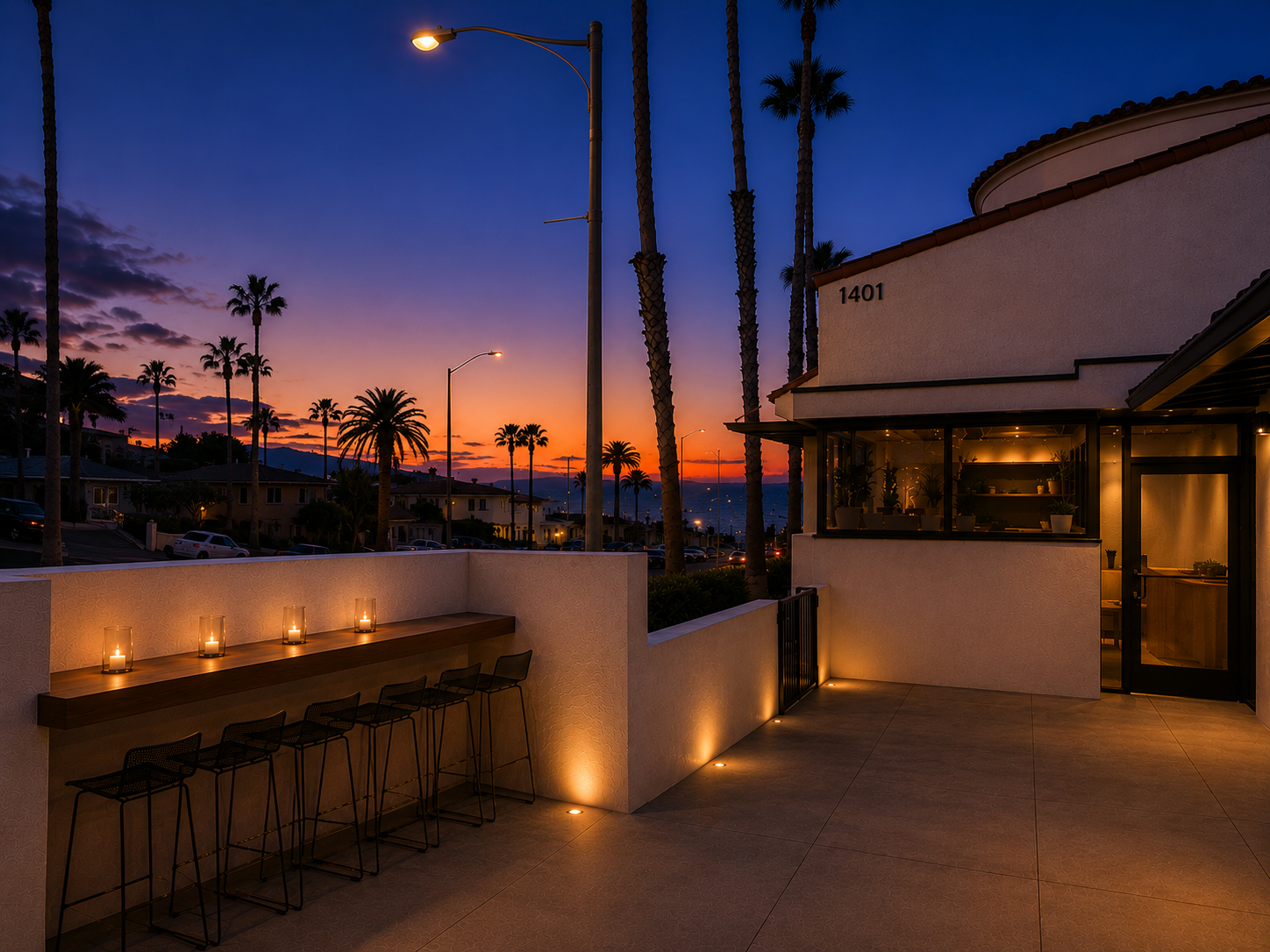 Outdoor event terrace at sunset — gathering at The Visionary