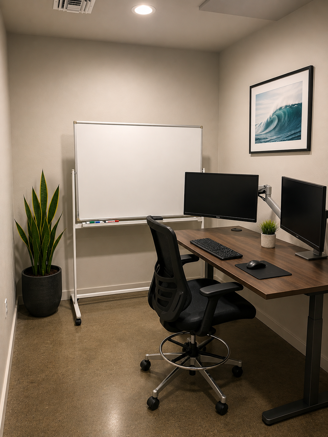 Square 1-person office at The Visionary — standing desk, rolling whiteboard, and ocean wave art
