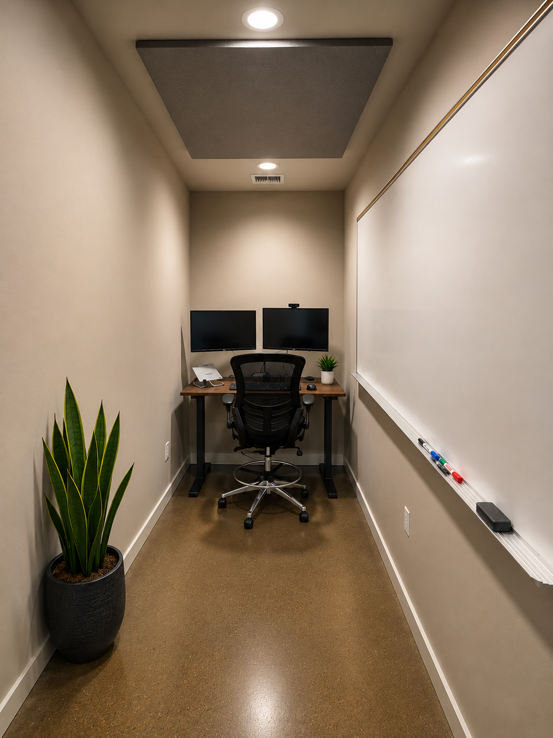 Private 1-person office at The Visionary — standing desk, dual monitors, whiteboard, and snake plant