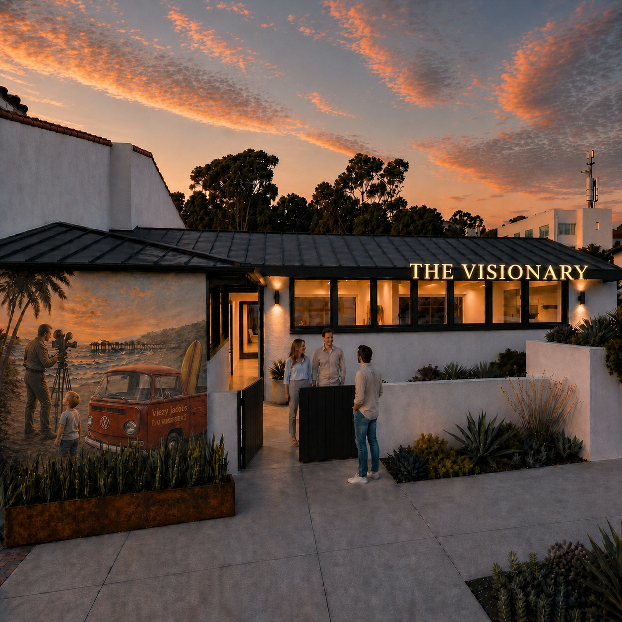 Modern building exterior at twilight in San Clemente