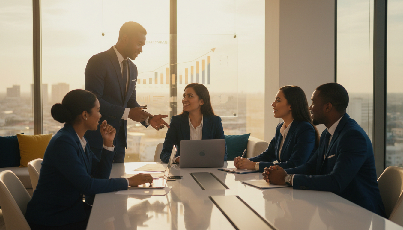 Professional Jamaican team collaborating in modern office