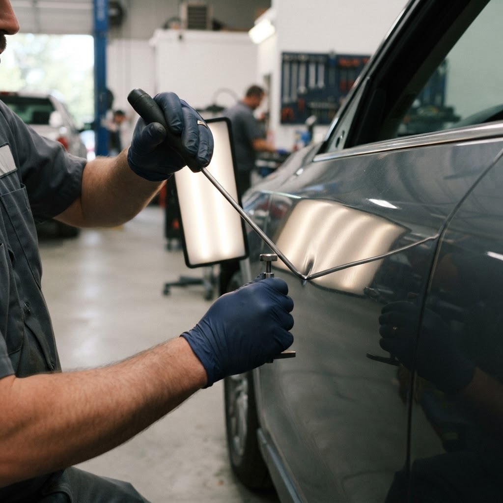 Car dent removal service — paintless dent repair at an auto body shop near me in Oregon