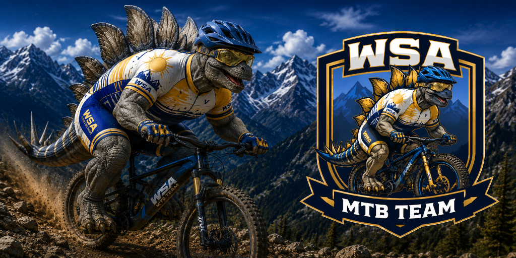 WSA mountain bike mascot riding in the mountains