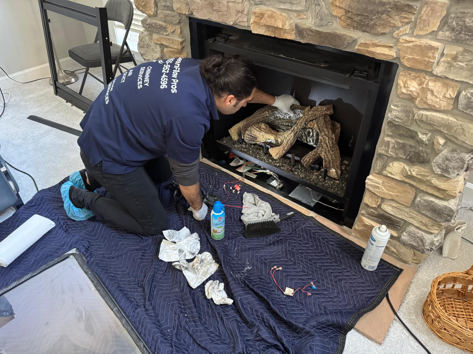 Real gas fireplace repair setup in a Springfield Virginia home