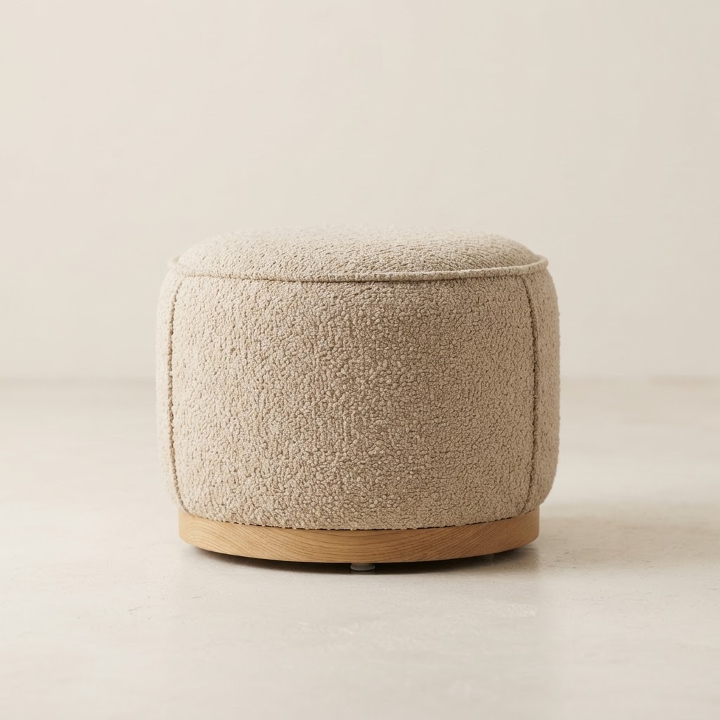 Puff Decorativo Aloy Bouclé Bege Premium Assento Extra para Sala e Quarto