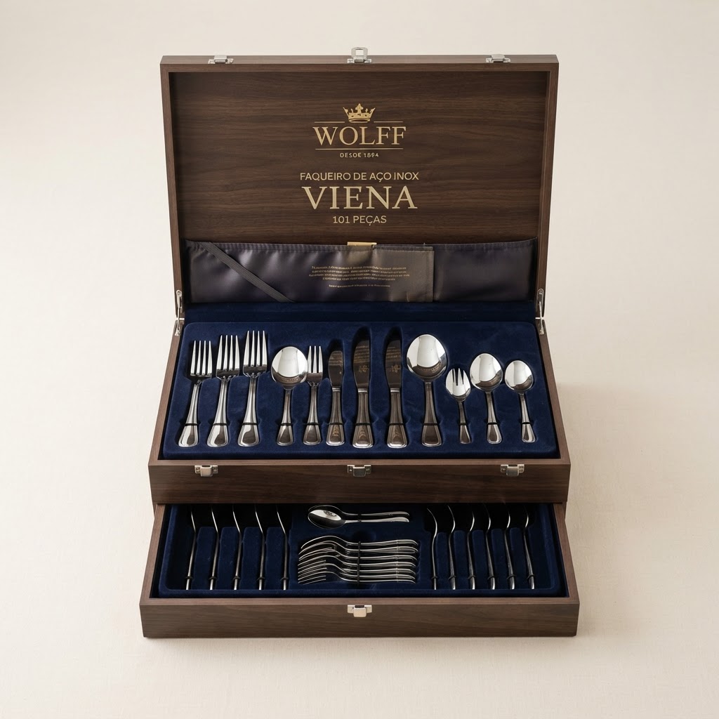 WOLFF Faqueiro de Aço Inox Viena 101 Peças com Caixa Litografada