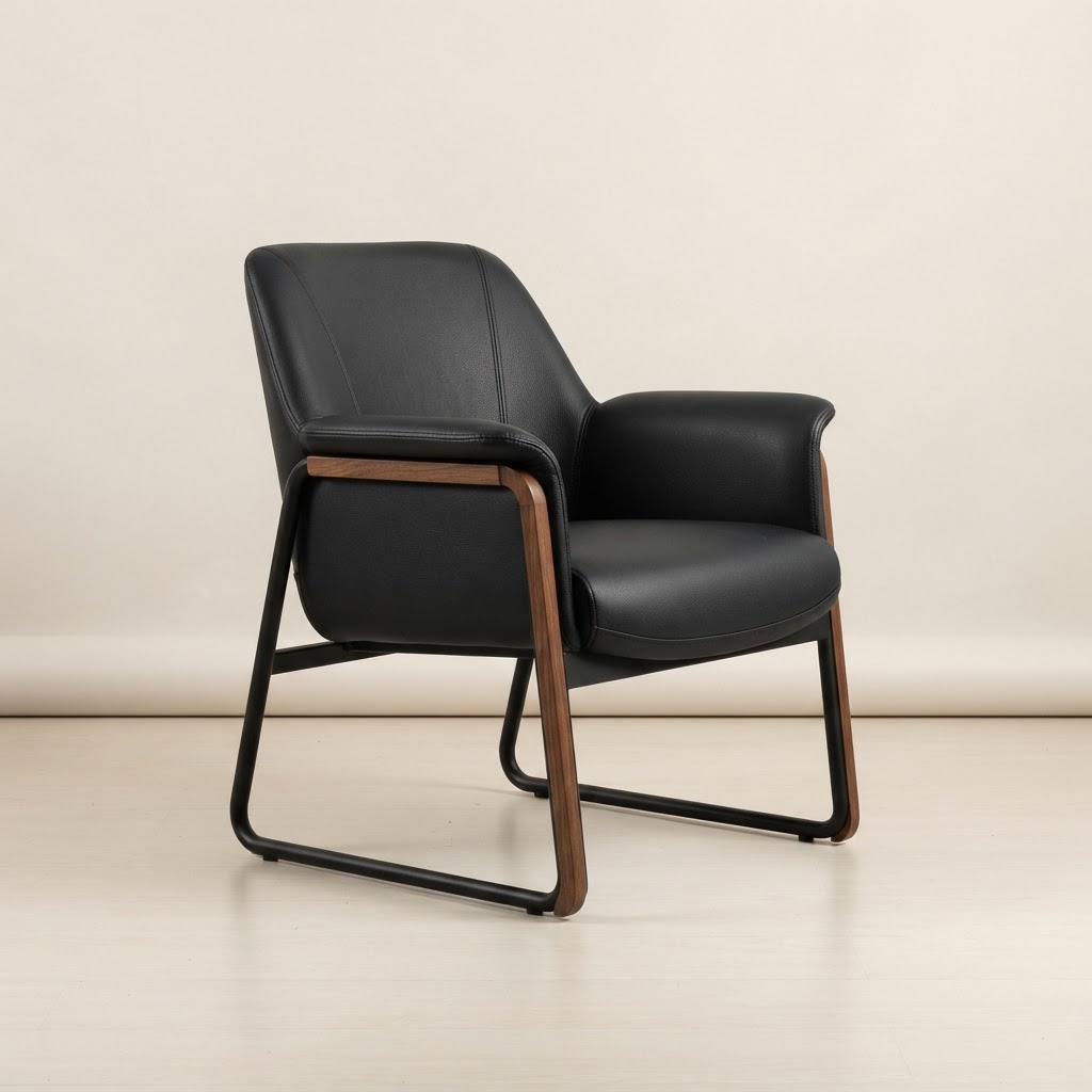 Poltrona Decorativa Grace Base Metal Detalhe Madeira (Courino Preto)