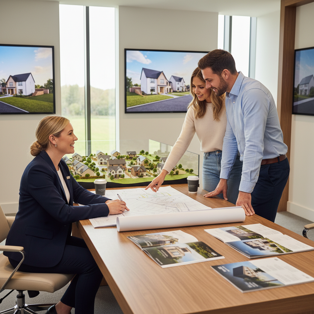 Sales executive with customers in a new homes marketing suite