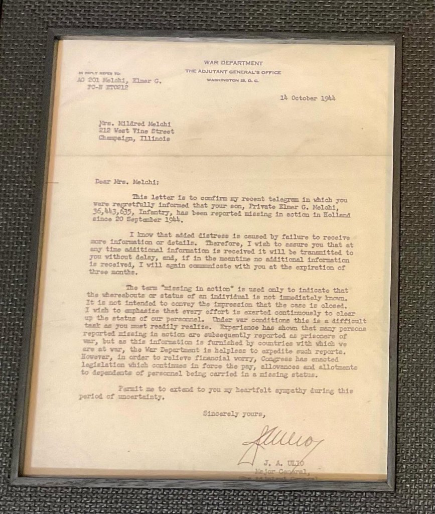 War Department letter — Elmer reported missing in action, October 14 1944