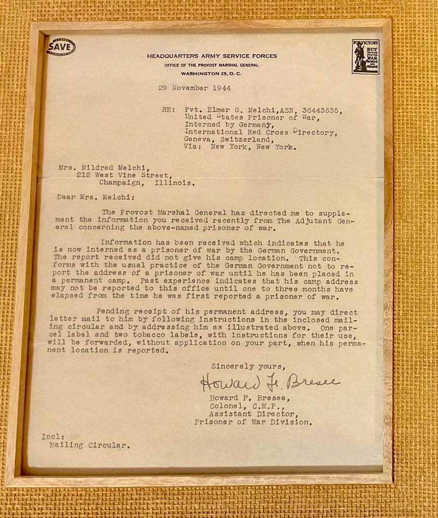 Headquarters Army Service Forces letter — Elmer confirmed POW, November 29 1944