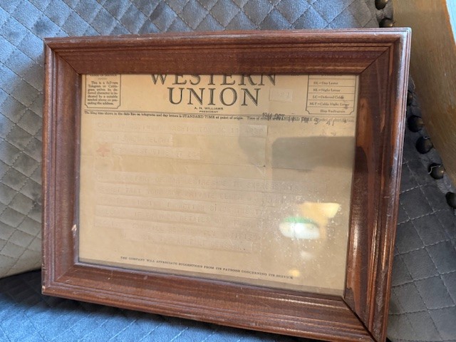 Framed Western Union telegram