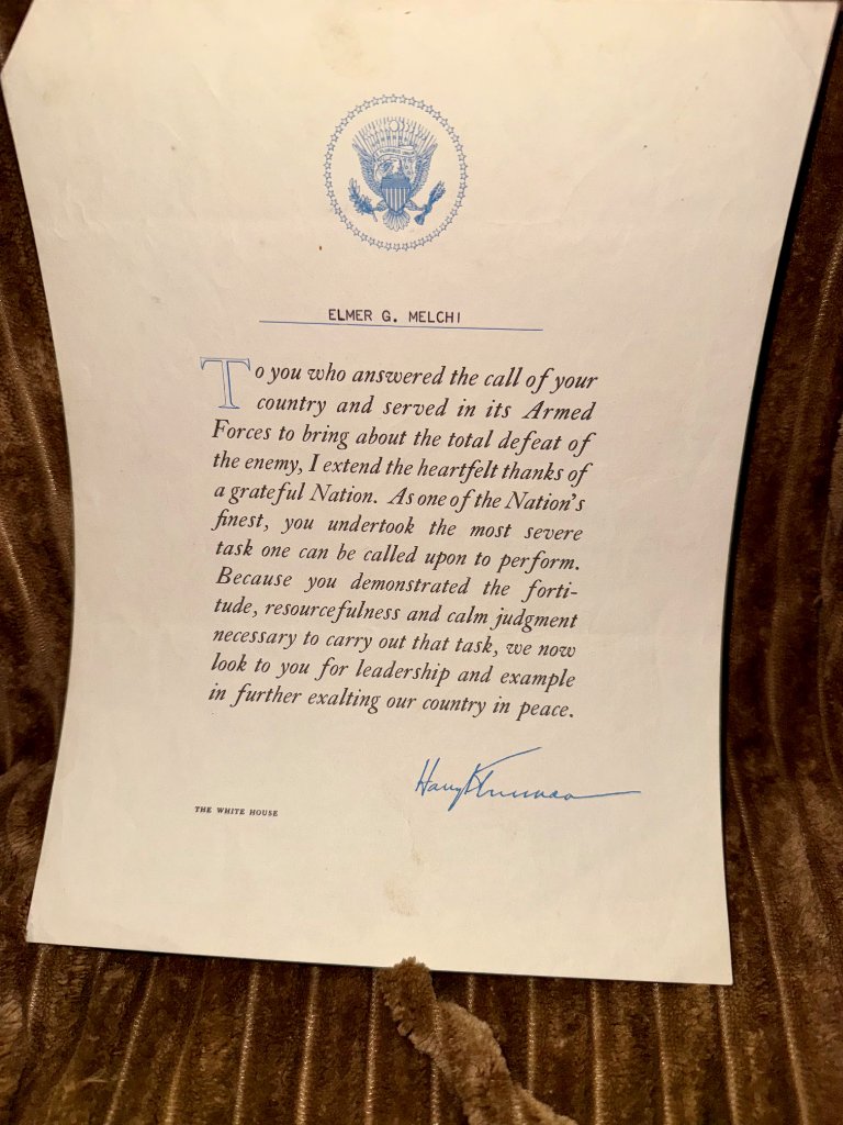 Letter from President Harry S. Truman thanking Elmer G. Melchi for his service